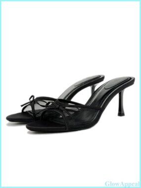 Women's Mesh Bow Kitten Heel Sandals Pointed Open Toe Low Heels Slide Mules